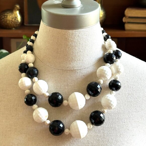 Vintage Black & White Double Strand Statement Necklace W/ Chunky Disco Ball Bead - Picture 1 of 6